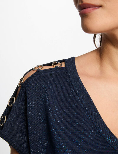 Jersey escote en V manga corta azul petróleo mujer
