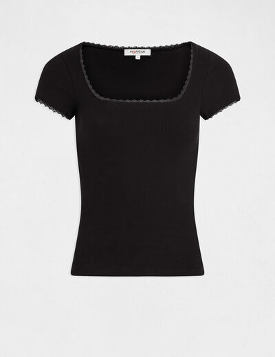 Camiseta acanalada manga corta negro mujer