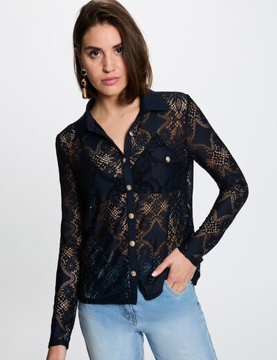 Camisa de encaje con cuello vuelto azul marino mujer