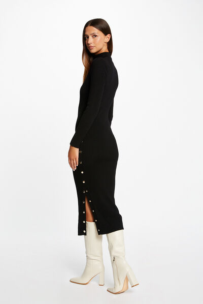 Vestido de punto midi ajustado abertura negro mujer