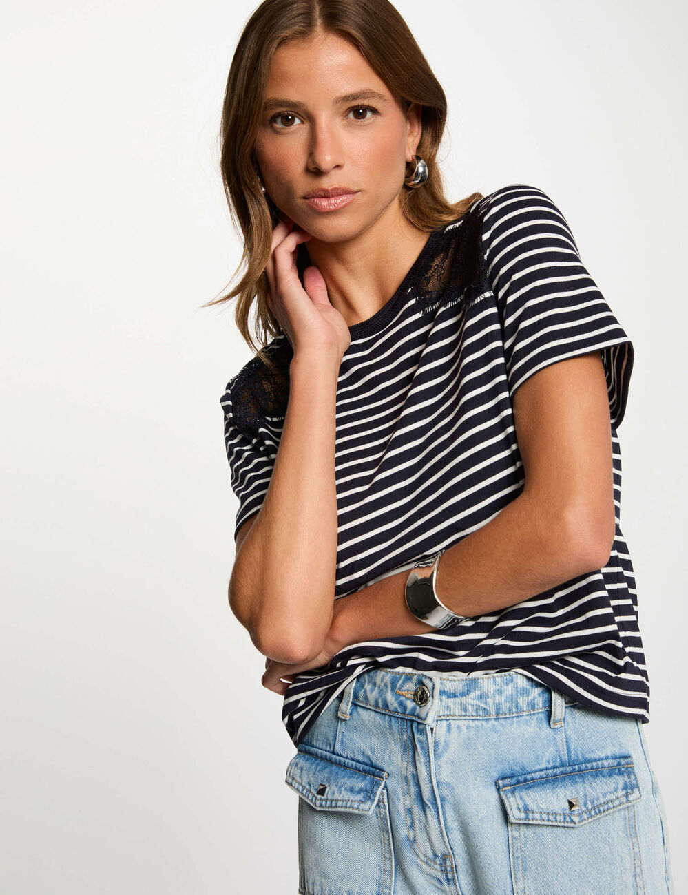 Camiseta manga corta y rayas azul marino mujer