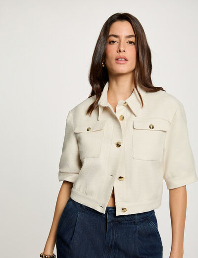 Chaqueta de tweed manga corta arena mujer