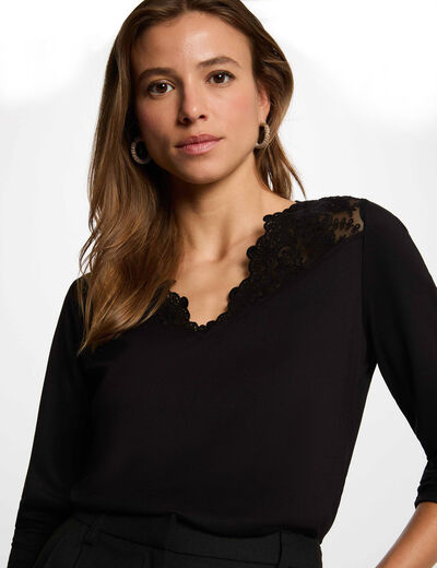 Camiseta cuello v encaje negro mujer