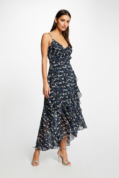 Vestido largo acampanado estampado azul mujer