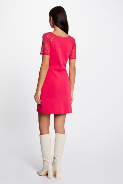 Vestido de punto entallado manga encaje rojo medio mujer