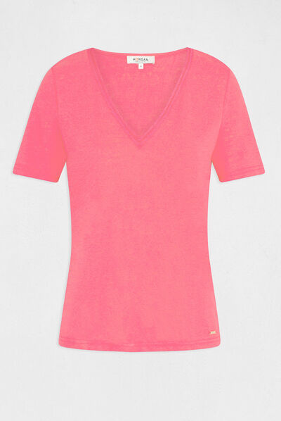 Camiseta manga corta con escote en V fucsia mujer