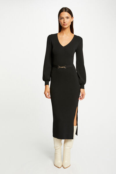 Vestido de punto largo ajustado negro mujer