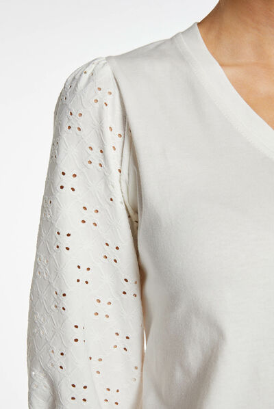 Camiseta de manga 3/4 con bordado crudo mujer