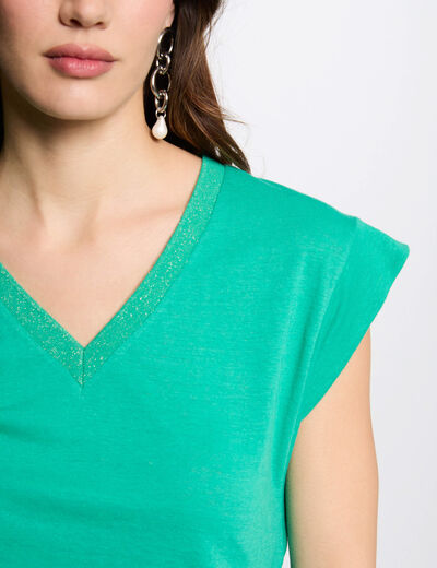 Camiseta manga corta con escote en V verde emeralda mujer