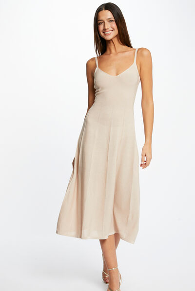 Vestido de punto midi acampanado dorado mujer