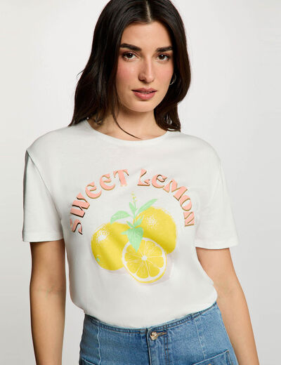 Camiseta estampada cuello redondo blanco mujer