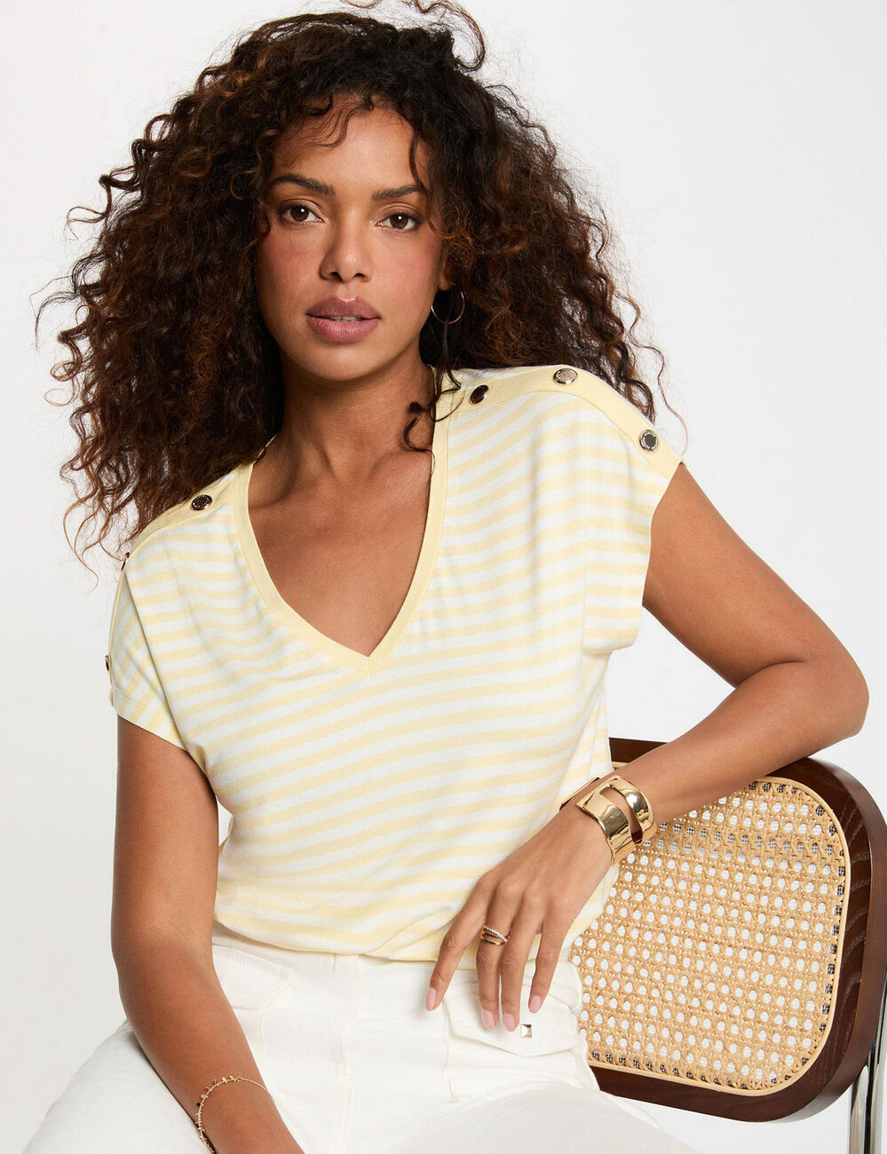 Camiseta de rayas con cuello v amarillo pastel mujer