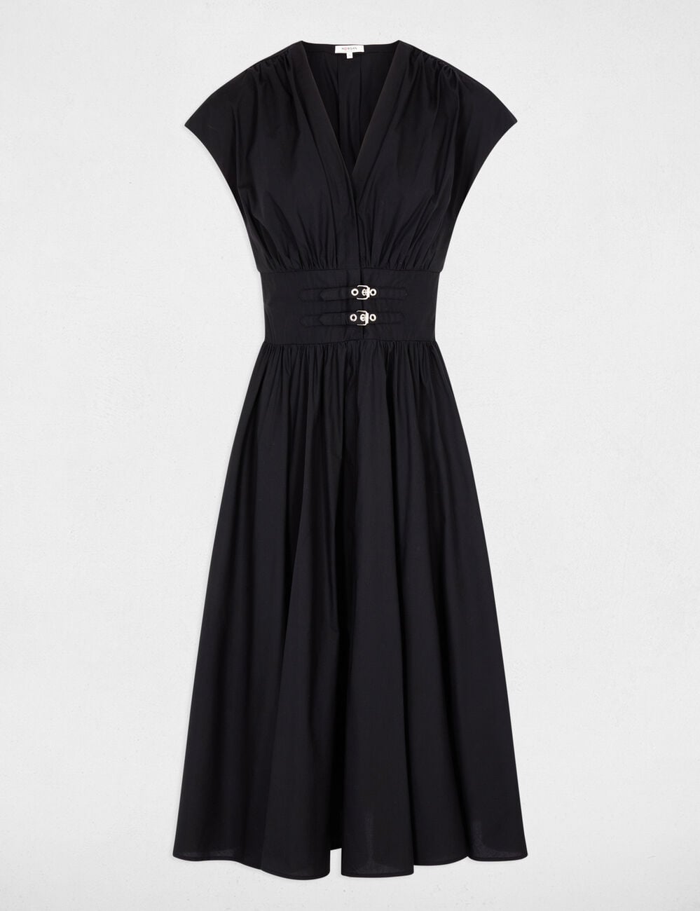 Vestido midi con cuello en V negro mujer