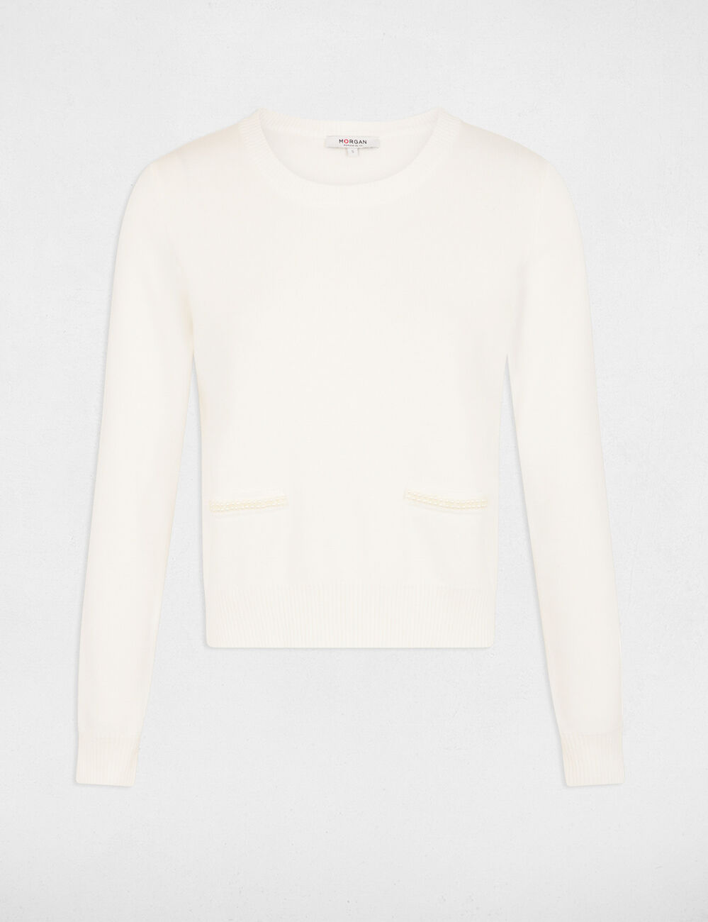 Jersey cuello redondo y perlas blanco mujer