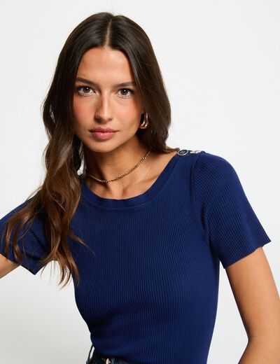 Jersey cuello barco y botones azul marino mujer