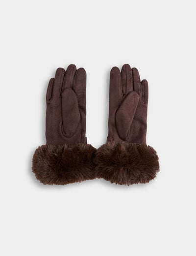 Guantes con detalles de pelo marr&oacute;n oscuro mujer