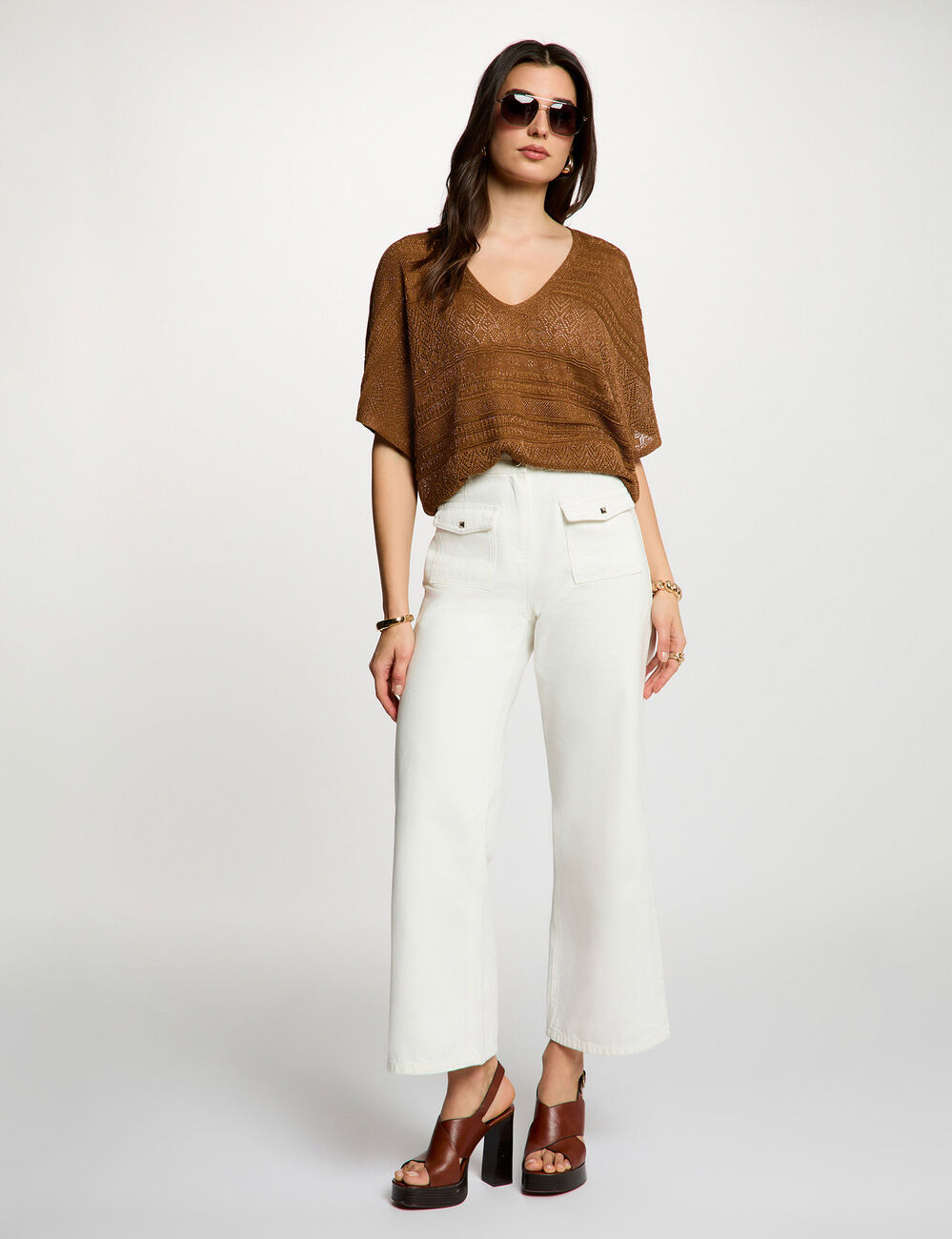 Jersey oversize con cuello en V c&aacute;mel mujer