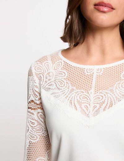 Camiseta de encaje manga larga blanco mujer