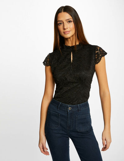Camiseta manga corta de encaje negro mujer