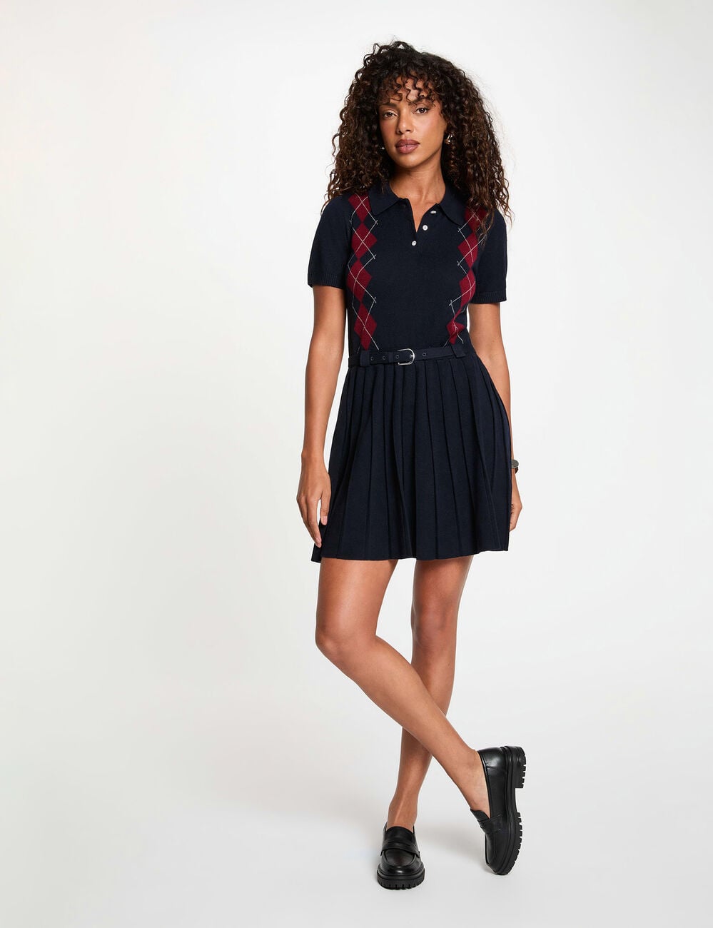 Vestido de punto con cuello vuelto azul marino mujer