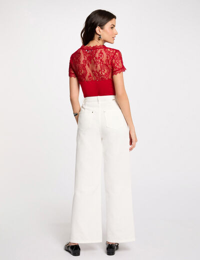 Camiseta manga corta con encaje rojo mujer