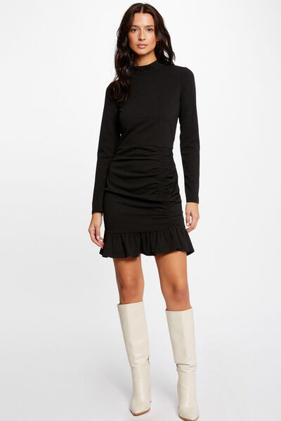 Vestido ajustado volantes y cuello alto negro mujer