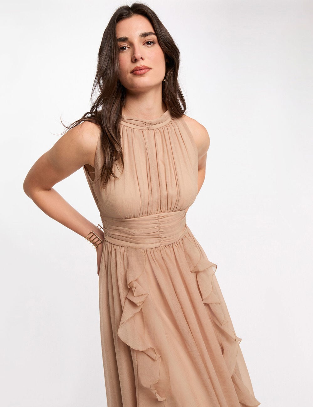 Vestido largo con cuello alto topo mujer