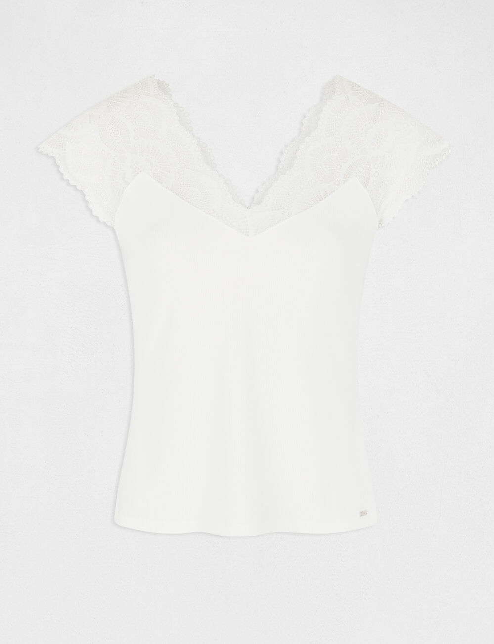 Camiseta manga corta con encaje marfil mujer