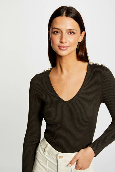 Jersey manga larga con botones verde oscuro mujer