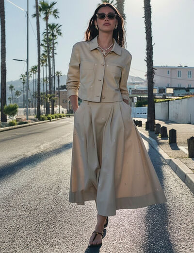 Falda larga de cintura alta beige mujer