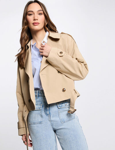 Gabardina corta con cinturón beige mujer