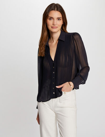 Camisa manga larga pliegues marino mujer