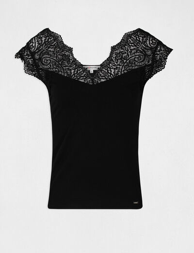 Camiseta manga corta con encaje negro mujer