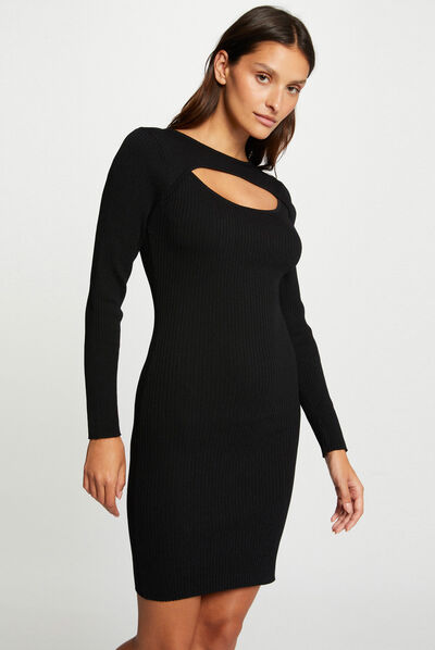 Vestido de punto ajustado con abertura negro mujer
