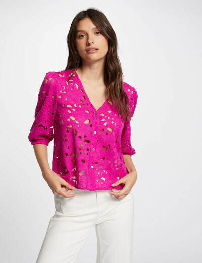 Camisa manga 3/4 de encaje rosa oscuro mujer
