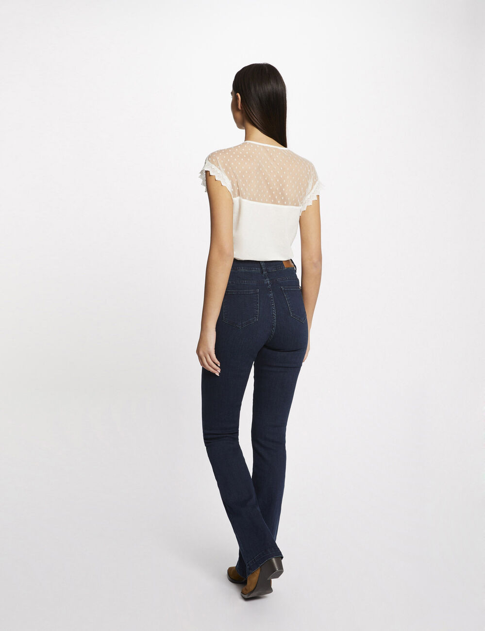 Vaquero recto con detalles trenzados denim crudo mujer