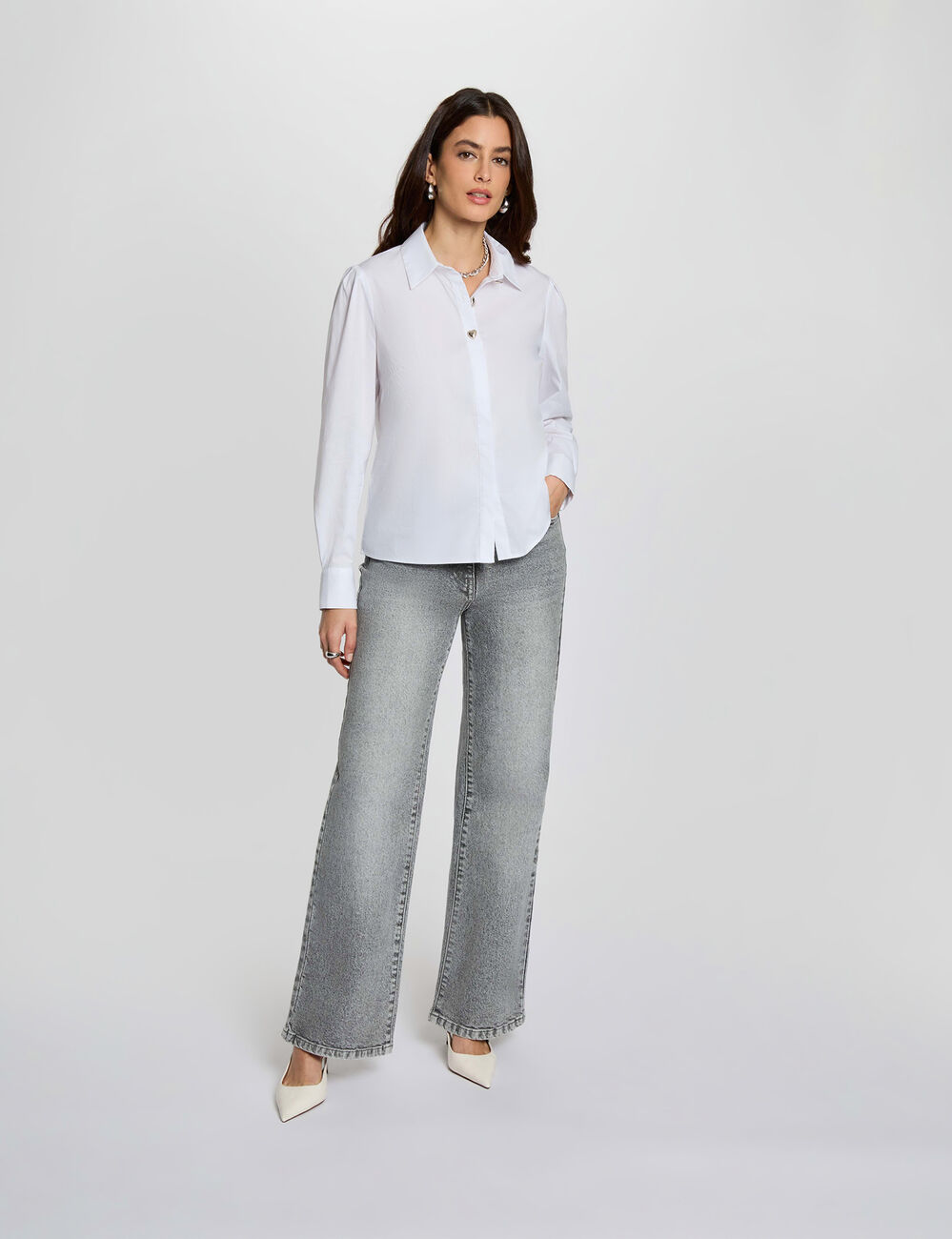 Camisa recta con cuello de solapa blanco mujer