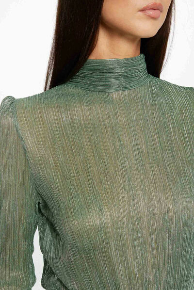 Camiseta manga larga metalizada verde mujer