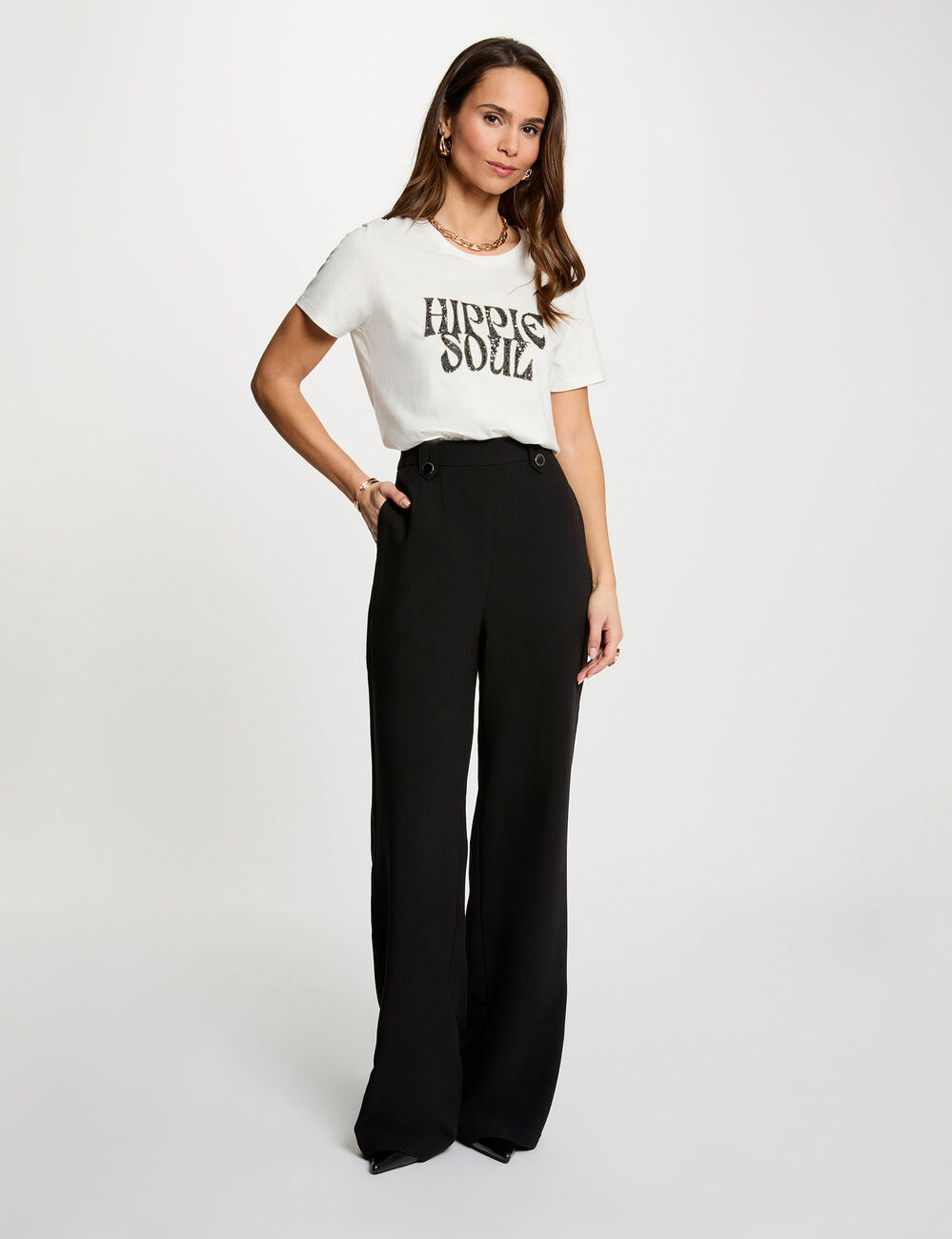 Pantal&oacute;n ancho de tiro alto negro mujer