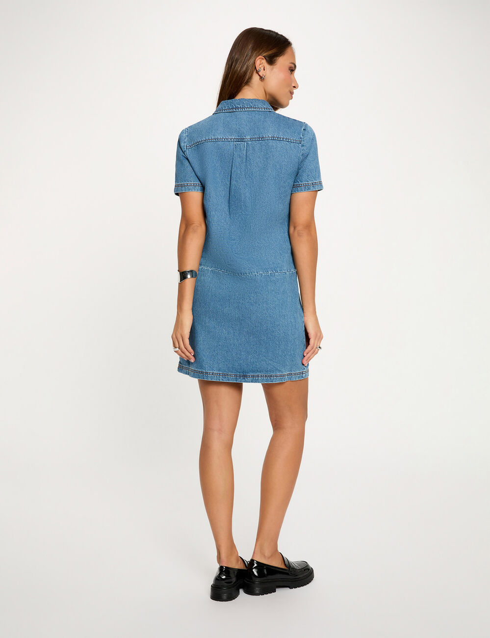 Vestido corto recto denim doble stone mujer