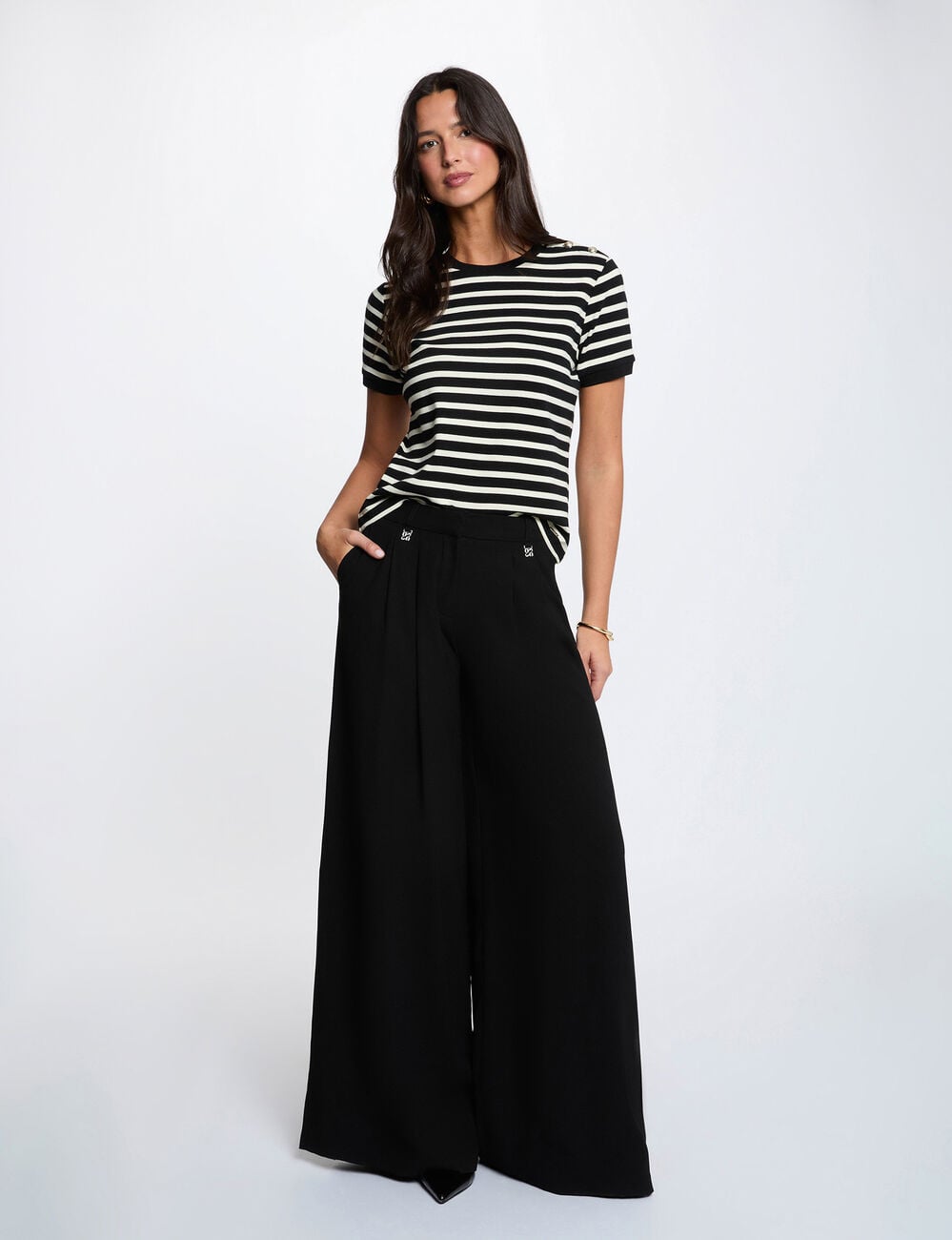 Camiseta de rayas con cuello redondo negro mujer