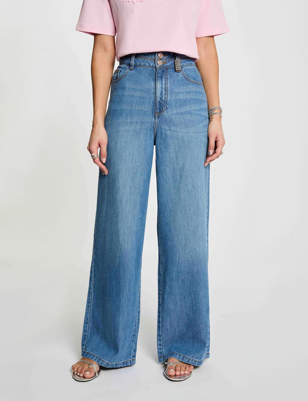 Pantal&oacute;n ancho de tiro alto denim stone mujer