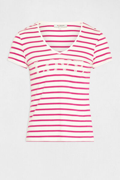 Camiseta manga corta con rayas frambuesa mujer