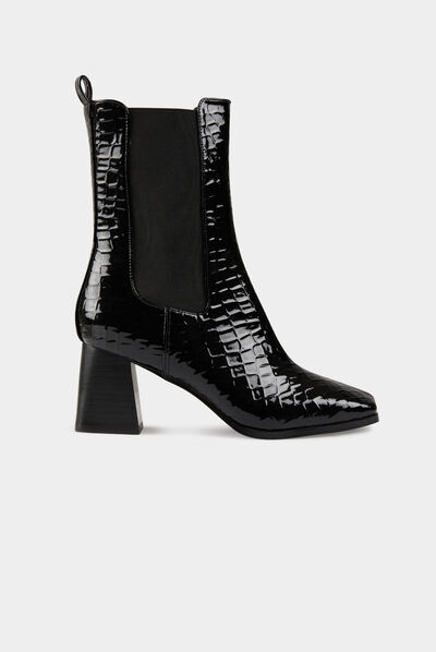 Botines cocodrilo de charol con tacones negro mujer