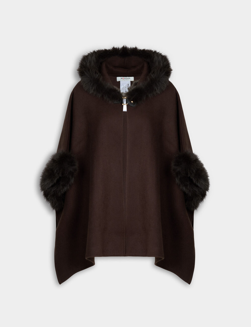 Poncho de pelo sint&eacute;tico marr&oacute;n oscuro mujer