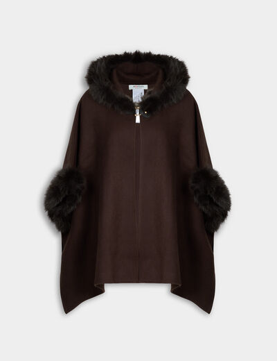 Poncho de pelo sint&eacute;tico marr&oacute;n oscuro mujer