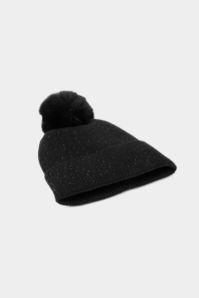 Gorro con strass y pompón negro mujer