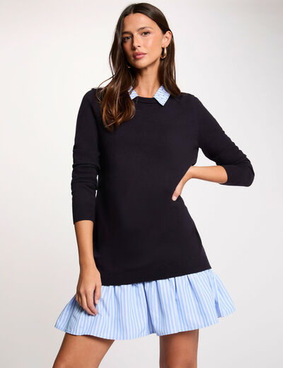 Vestido de punto con cuello vuelto azul marino mujer
