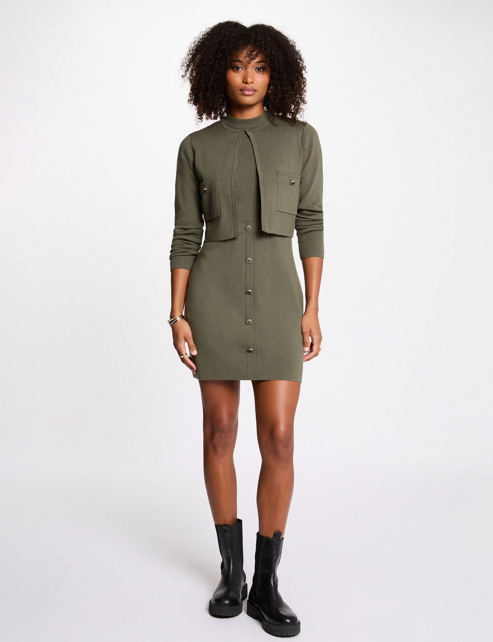 Vestido de punto efecto 2 en 1 verde caqui mujer