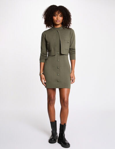 Vestido de punto efecto 2 en 1 verde caqui mujer